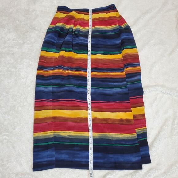 VTG Chaus Y2K Navy Blue Red Watercolor Stripe Silk Print Office Wrap Skirt 10 - Picture 6 of 7